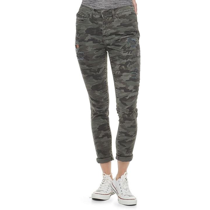 Juniors' Mudd&reg; Ripped Camo Cuffed Skinny Jeans, Teens, Size: 5, Green