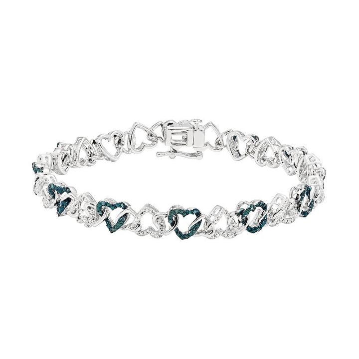 Sterling Silver 1/4 Carat T.w. Blue & White Diamond Heart Bracelet, Women's, Size: 7.5