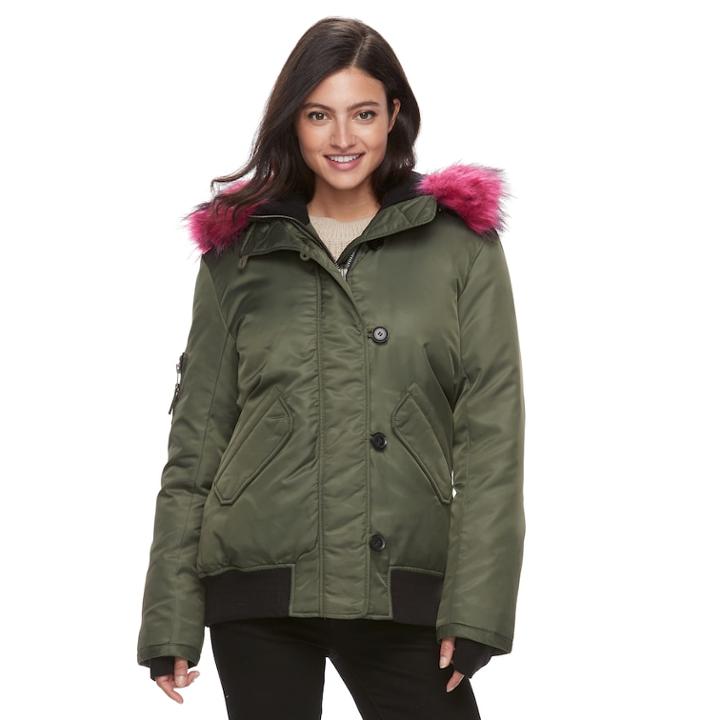 Women's S13 Dani Hooded Faux-fur Trim Bomber Jacket, Size: Large, Green Oth