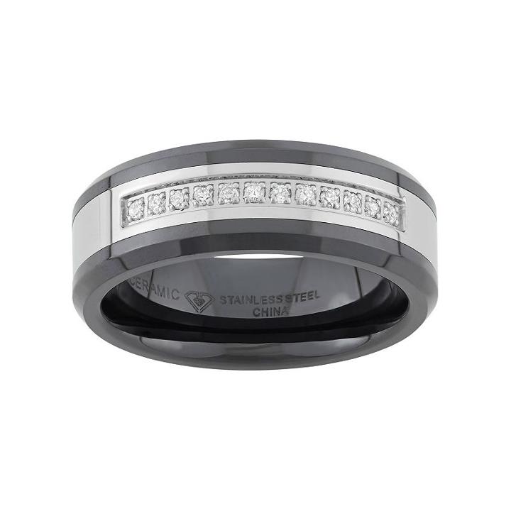 1/6 Carat T.w. Stainless Steel And Black Ceramic Wedding Band - Men, Size: 7.50