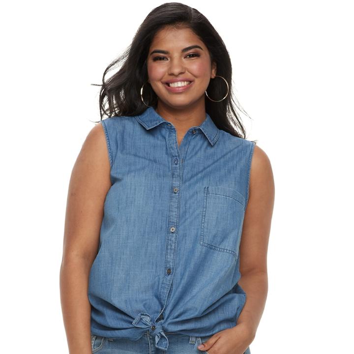 Plus Size Juniors' Plus So&reg; Sleeveless Tie-front Chambray Shirt, Teens, Size: 1xl, Light Blue
