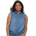 Plus Size Juniors' Plus So&reg; Sleeveless Tie-front Chambray Shirt, Teens, Size: 1xl, Light Blue