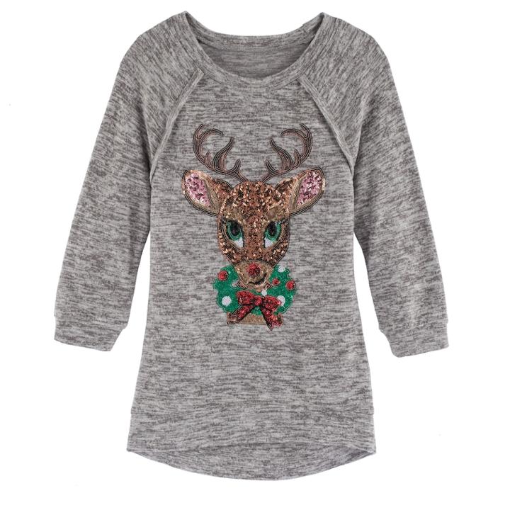 Girls 7-16 Miss Chievous Christmas 3/4-sleeve Sequin Hatchi Tunic, Size: Medium, Med Grey