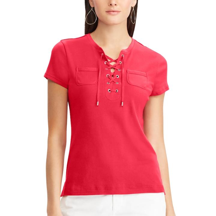 Women's Chaps Lace-up Cotton Tee, Size: Small, Red
