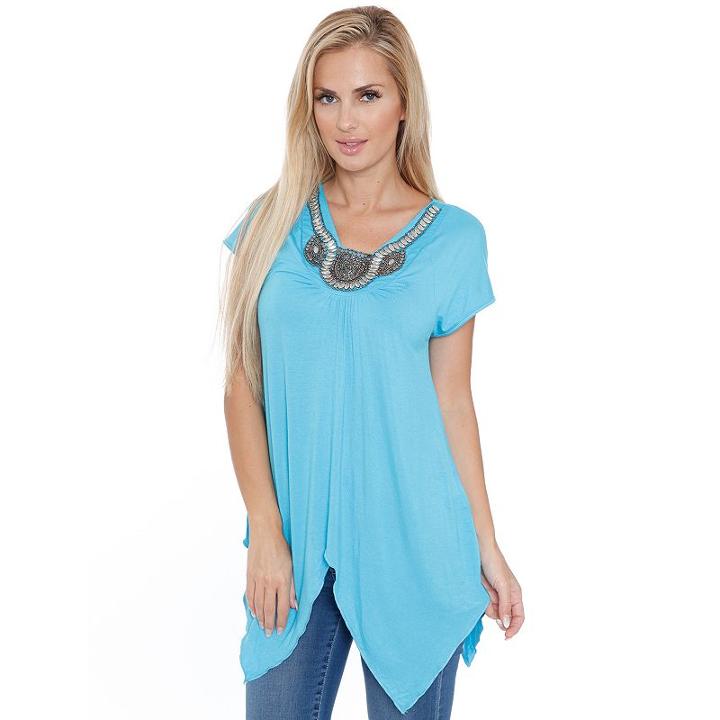 Women's White Mark Embellished Handkerchief Tee, Size: Large, Brt Blue