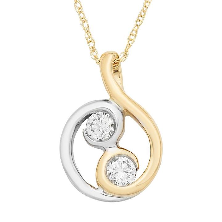 Two Tone 10k Gold 1/5 Carat T.w. Diamond 2-stone Pendant Necklace, Women's, Size: 18, White