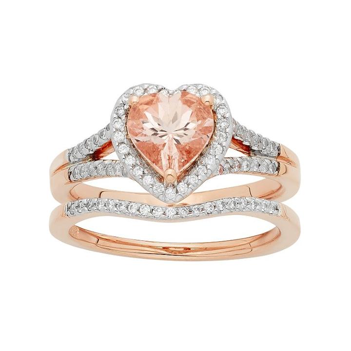14k Rose Gold Morganite & 1/5 Carat T.w. Diamond Heart Halo Engagement Ring Set, Women's, Size: 9, Pink
