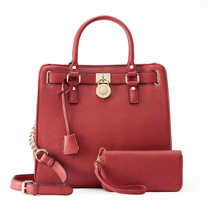 Deluxity Nikki Lock Satchel With Wallet, Women's, Red