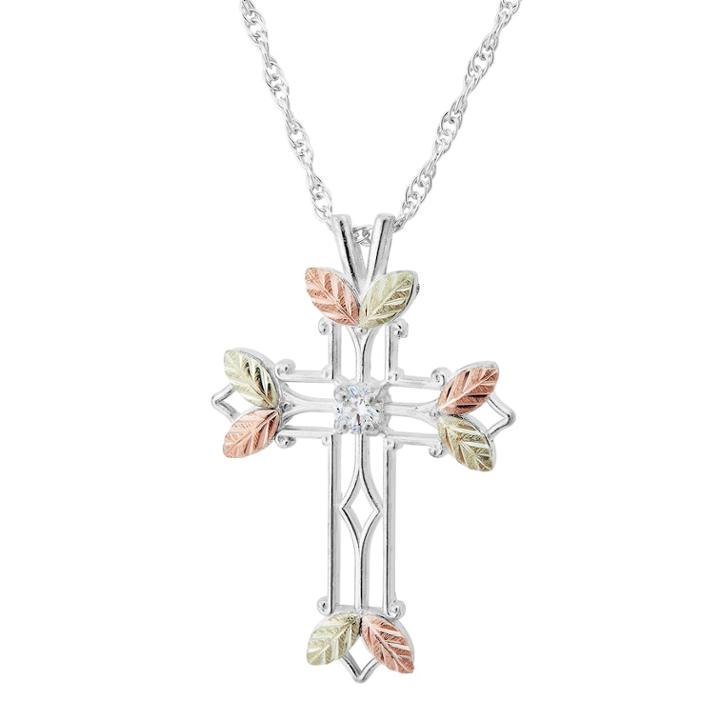 Black Hills Gold Tri-tone Openwork Cross Pendant Necklace In Sterling Silver, Women's, Size: 18, Grey