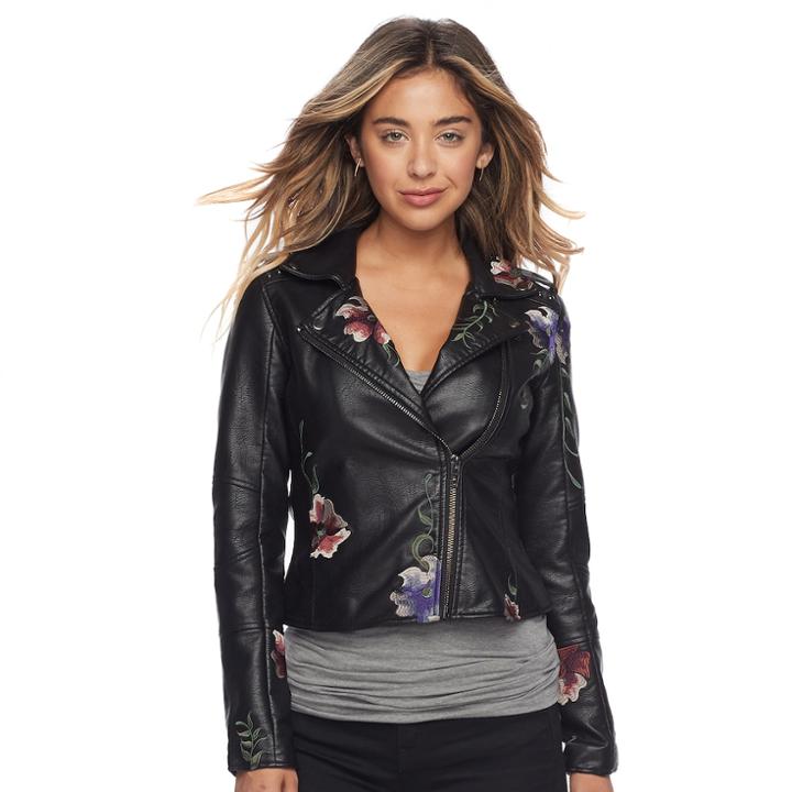 Juniors' Candie's&reg; Floral Faux-leather Moto Jacket, Teens, Size: Medium, Black