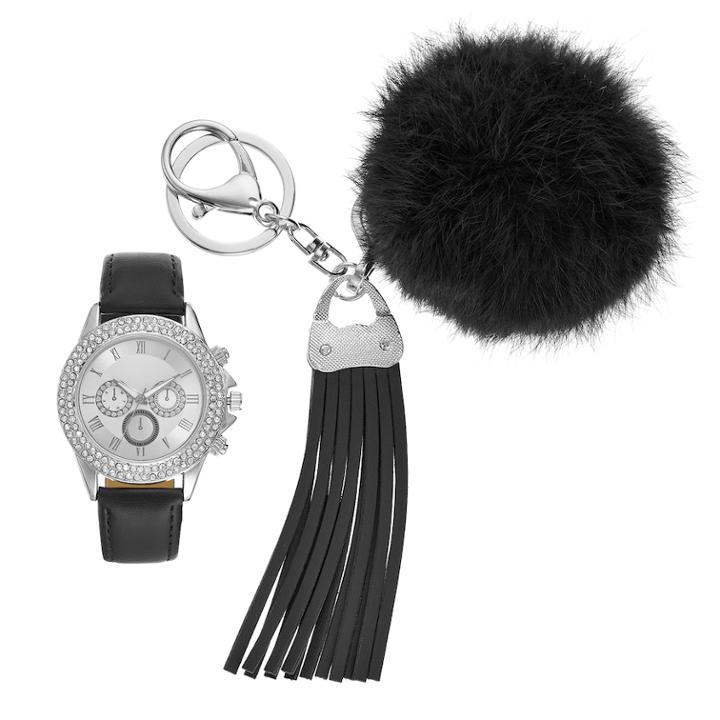 Women's Crystal Watch & Pom Pom Tassel Key Chain Set, Size: Large, Black