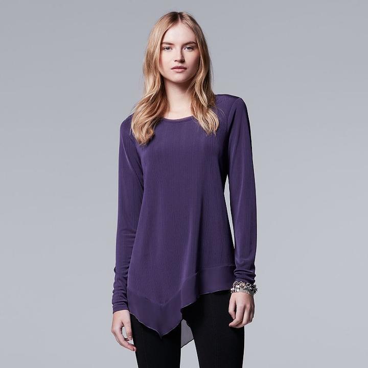 Petite Simply Vera Vera Wang Mixed-media Asymmetrical Top, Women's, Size: S Petite, Purple