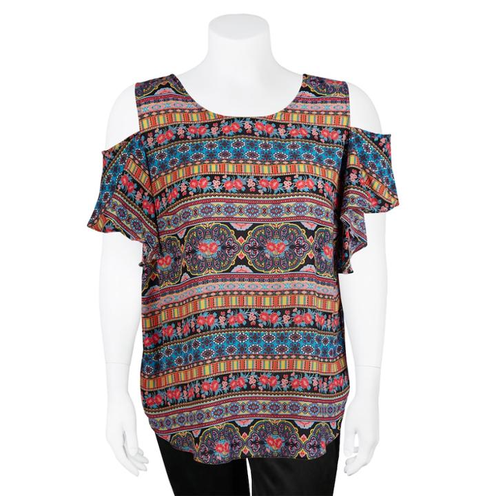 Juniors' Plus Size Iz Byer Cold-shoulder Top, Teens, Size: 3xl, Morrocan Stripe
