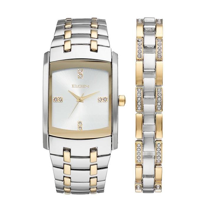 Elgin Men's Crystal Two Tone Watch & Bracelet Set, Multicolor
