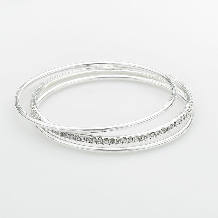 Chaps Silver-tone Simulated Crystal Bangle Bracelet Set, Women's, Grey