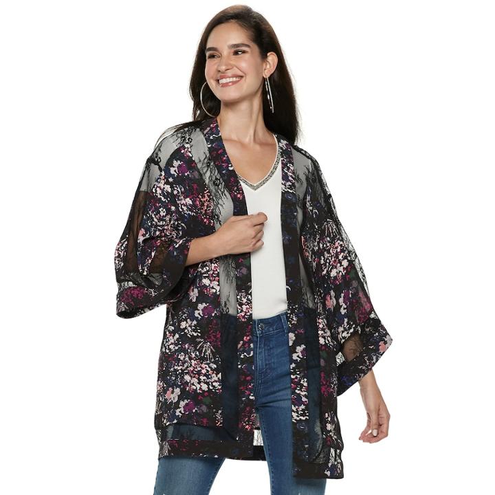 Women's Jennifer Lopez Lace Floral Kimono, Size: S/m, Black