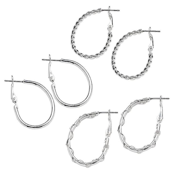 So Silver Tone Crisscross And Twist Oval Hoop Earring Set, Women's, Grey