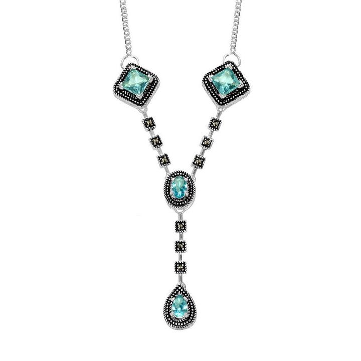 Le Vieux Silver - Plated Glass And Marcasite Y Necklace - Made With Swarovski Marcasite, Women's, Size: 17, Turq/aqua