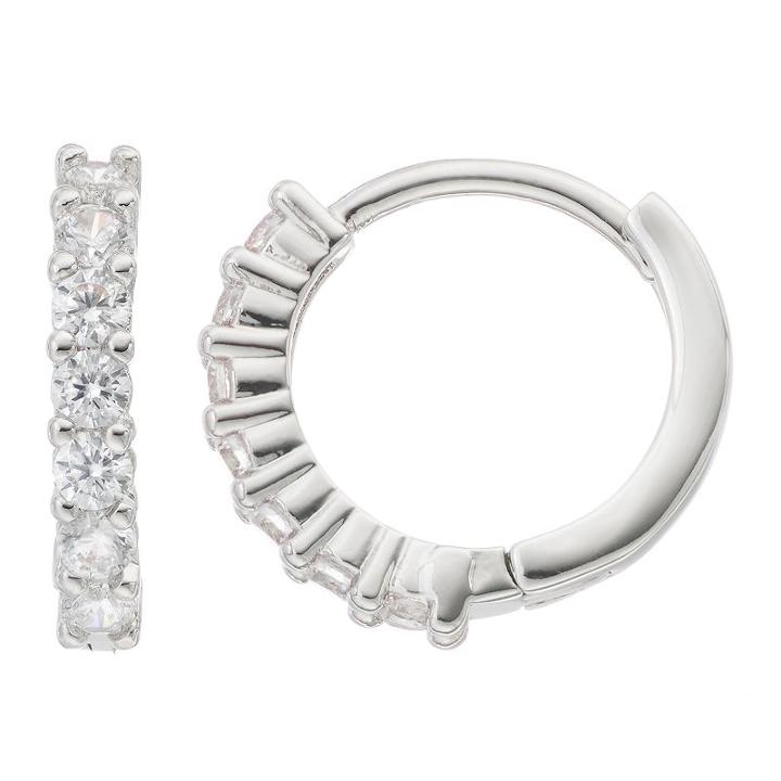 Fleur Silver Tone Cubic Zirconia Hoop Earrings, Women's, White