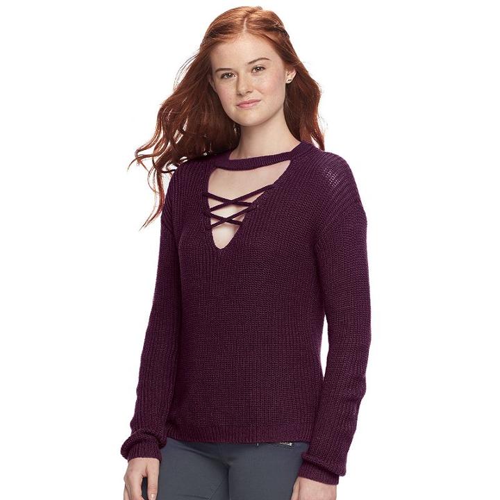 Juniors' Pink Republic Lace-up Choker Neck Sweater, Teens, Size: Large, Med Red