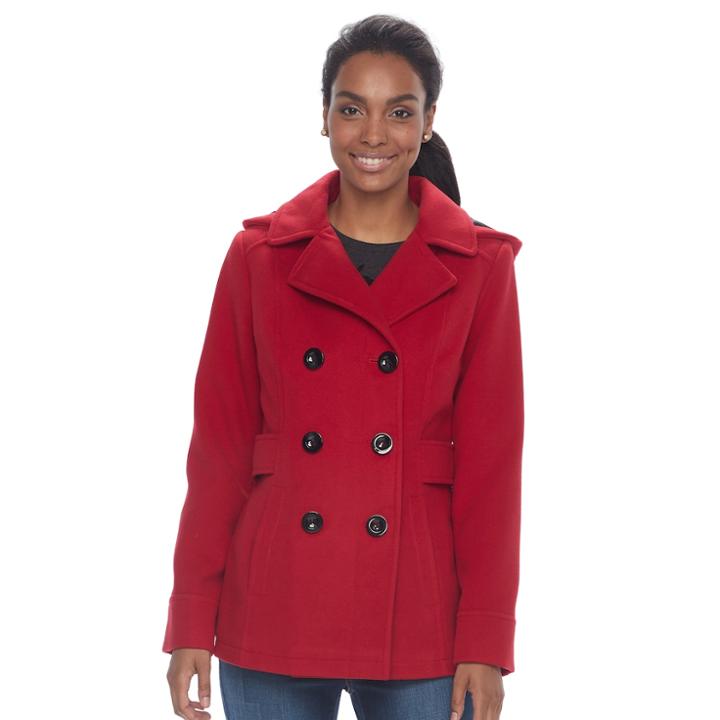 Women's D.e.t.a.i.l.s Hooded Double Breasted Faux-wool Peacoat, Size: Large, Med Red
