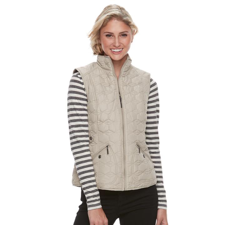 Women's Weathercast Geometric Quilted Faux-fur Lined Vest, Size: Large, Beig/green (beig/khaki)