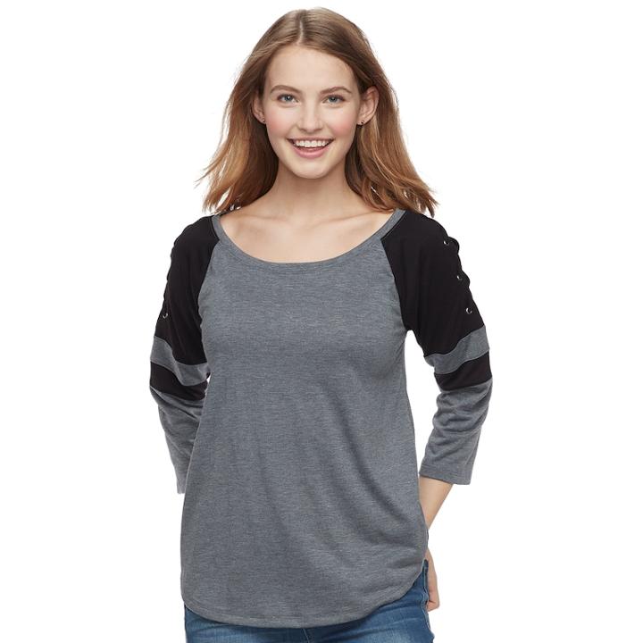 Juniors' So&reg; Lace-up Shoulder Baseball Tee, Teens, Size: Small, Grey (charcoal)