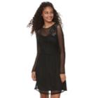 Juniors' Love, Fire Floral Applique Mesh Skater Dress, Teens, Size: Large, Black