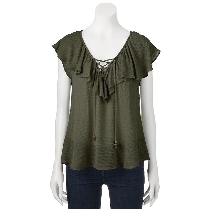 Juniors' Rewind Ruffle Lace-up Top, Teens, Size: Xs, Green Oth