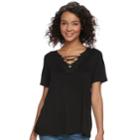 Juniors' Cloud Chaser Floral Crochet V-neck Tee, Teens, Size: Small, Black