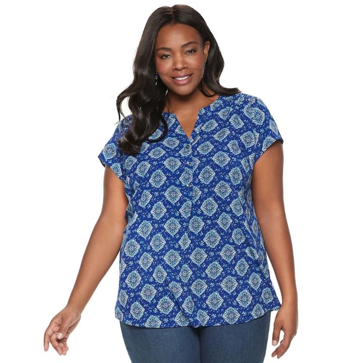 Plus Size Croft & Barrow&reg; Pleated Henley Top, Women's, Size: 1xl, Dark Blue
