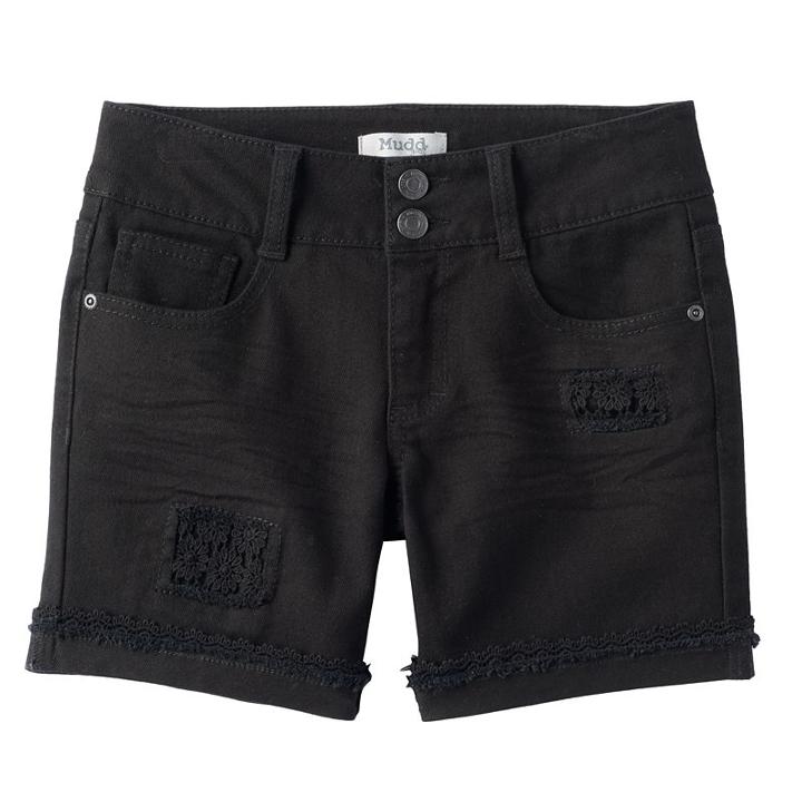 Girls 7-16 & Plus Size Mudd&reg; Crochet Patch Black Jean Shorts, Girl's, Size: 12