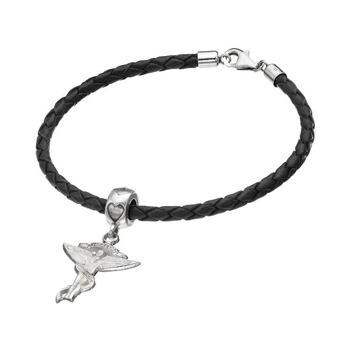 Logoart Sterling Silver & Leather Chiropractic Caduceus Charm Bracelet, Women's, Size: 7.5, Grey