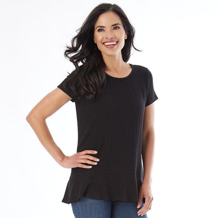 Women's Ab Studio Ribbed Flounce Tee, Size: Xlrg Av/rg, Black