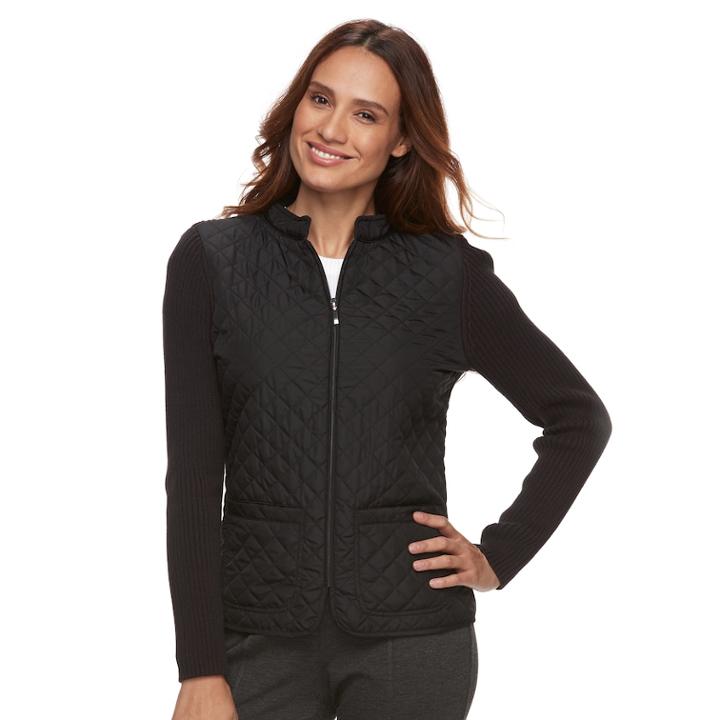 Petite Croft & Barrow&reg; Quilted Zip-front Sweater, Women's, Size: L Petite, Black