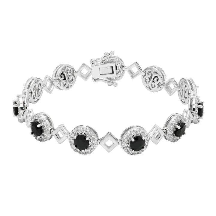 Sterling Silver Onyx & Lab-created White Sapphire Halo Link Bracelet, Women's, Size: 7.5, Black