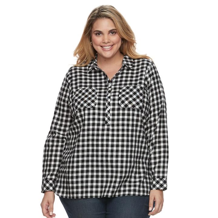 Plus Size Croft & Barrow&reg; Plaid Popover Top, Women's, Size: 3xl, Black