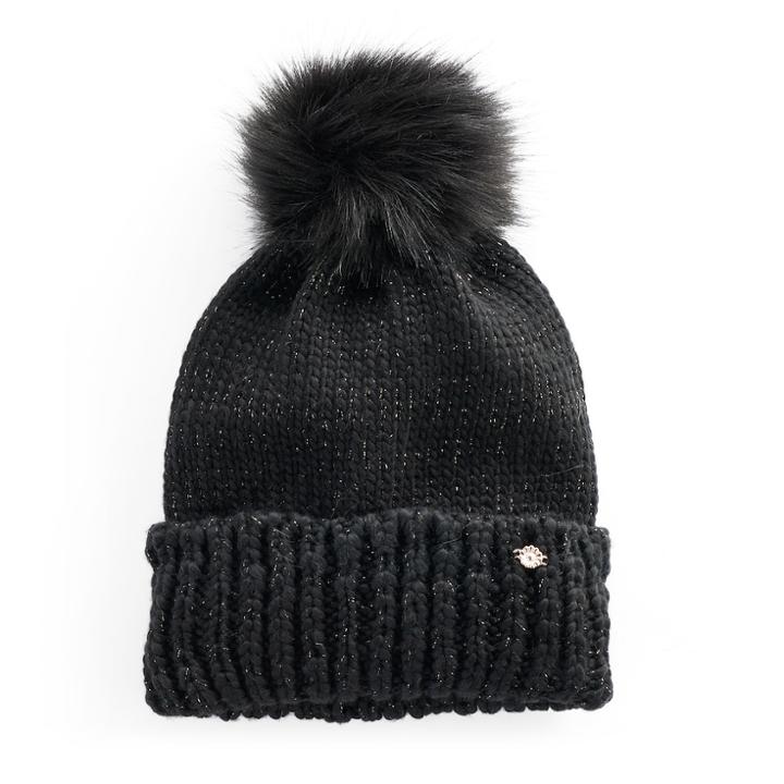 Women's Lc Lauren Conrad Lurex Cuff Pom Pom Beanie, Black
