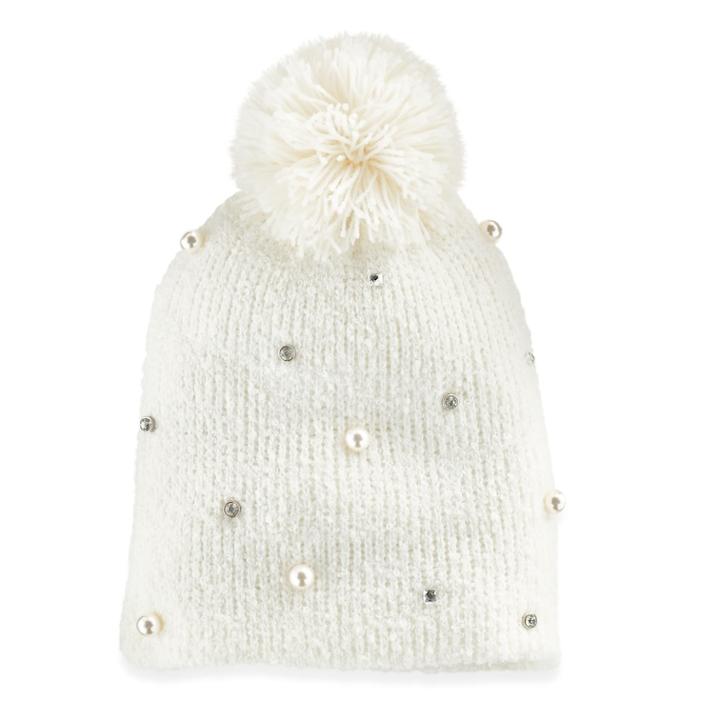 Women's So&reg; Simulated Pearl & Rhinestone Pom Pom Beanie, Natural
