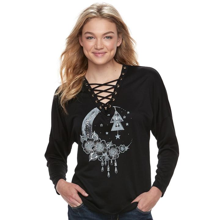Juniors' About A Girl Lace-up Moon Graphic Tee, Size: Large, Oxford