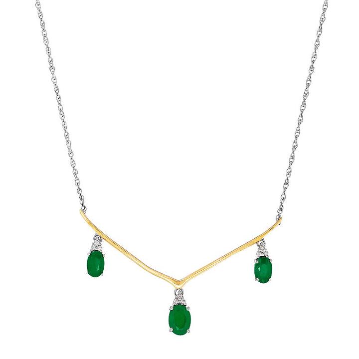 Two Tone Sterling Silver Emerald & Diamond Accent V Necklace, Women's, Size: 18, Green