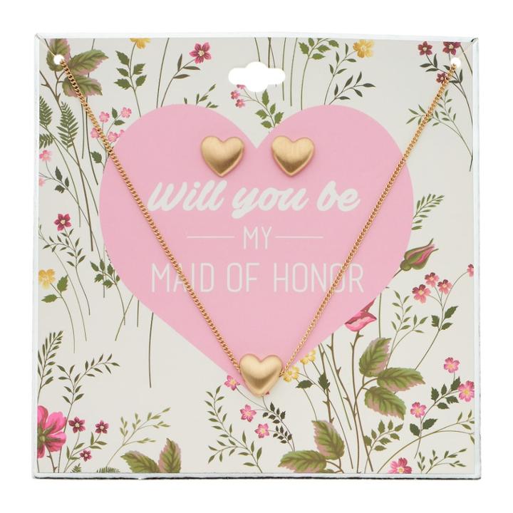 Gold Tone Heart Pendant Necklace & Stud Earring Set, Women's