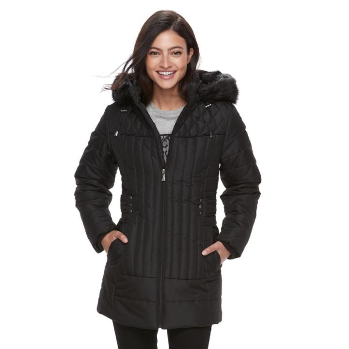 Women's D.e.t.a.i.l.s Hooded Faux-fur Trim Quilted Jacket, Size: Xl, Black