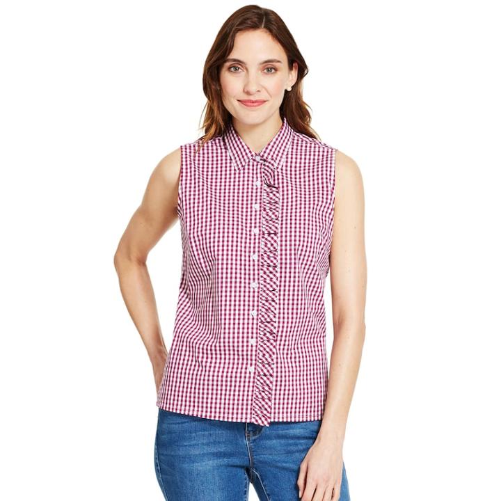 Women's Izod Checked Ruffle-trim Shirt, Size: Medium, Purple