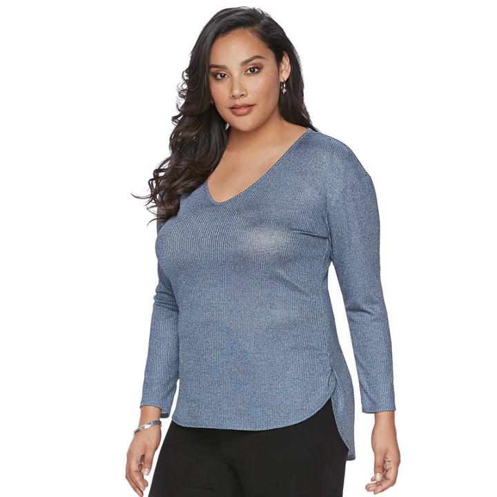 Plus Size Jennifer Lopez High-low V-neck Tee, Women's, Size: 1xl, Blue (navy)