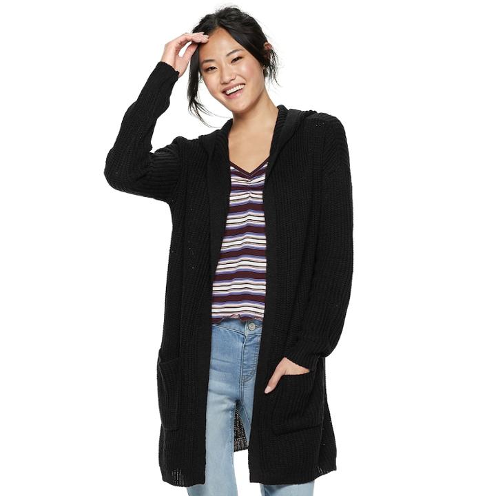 Juniors' Almost Famous Lace-up Back Hooded Cardigan, Teens, Size: Medium, Black