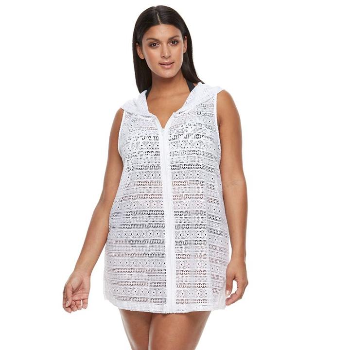 Plus Size Beach Scene Hooded Vest Cover-up, Women's, Size: 3xl, White