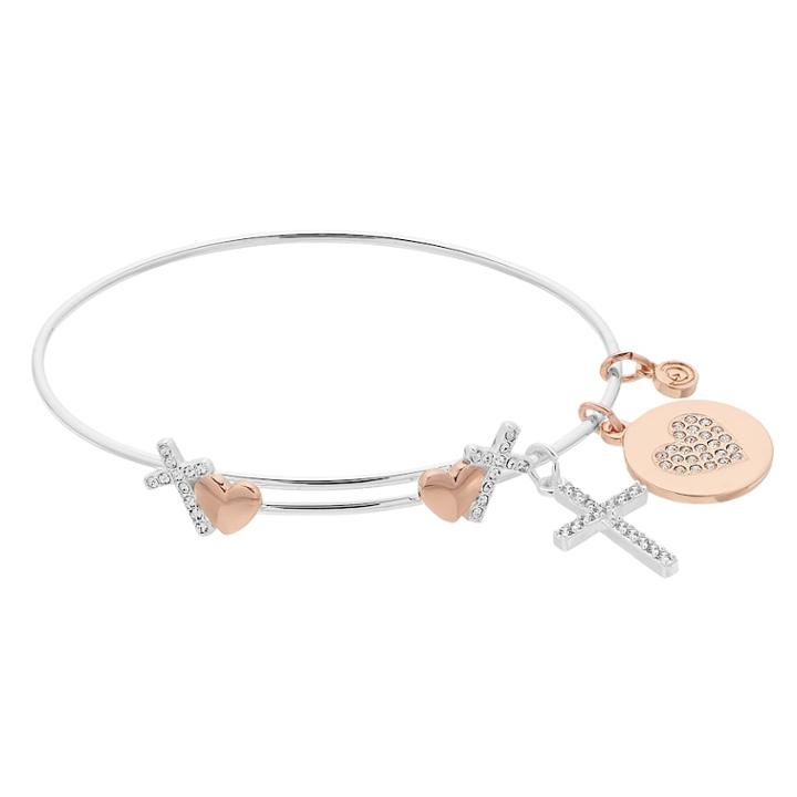 Love This Life Silver-tone Crystal Cross & Heart Charm Bangle Bracelet, Women's, Silver