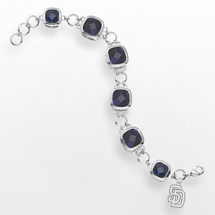 Logoart San Diego Padres Legend Silver Tone Navy Glass Logo Charm Bracelet, Women's, Size: 7.5, Grey