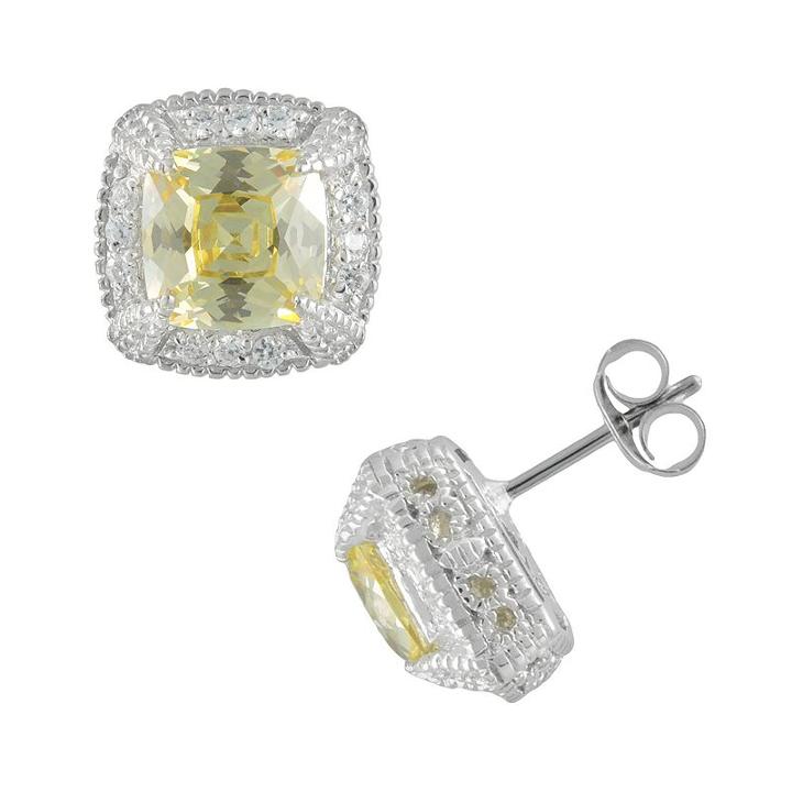 Siri Usa By Tjm Sterling Silver Canary And White Cubic Zirconia Square Frame Stud Earrings, Women's
